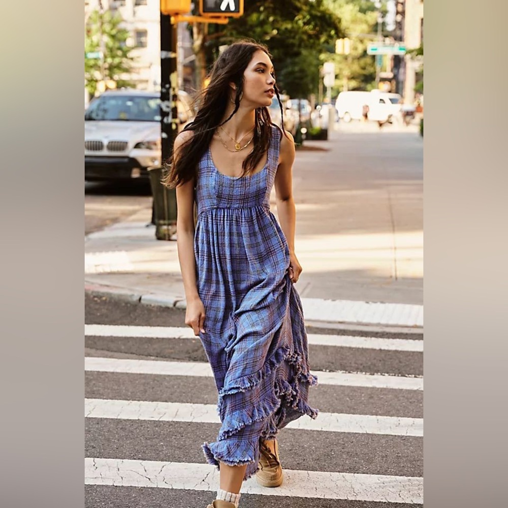 Free People Lily Anne blue plaid Maxi Sundress